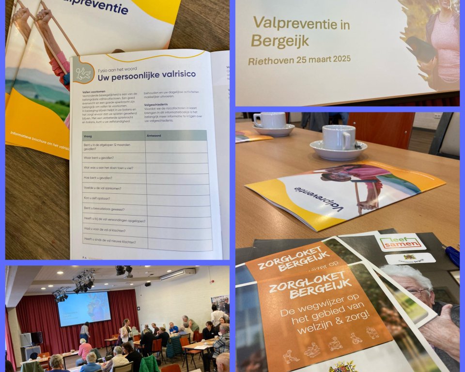 Collage van verschillende foto's gemaakt tijdens een valpreventiebijeenkomst.