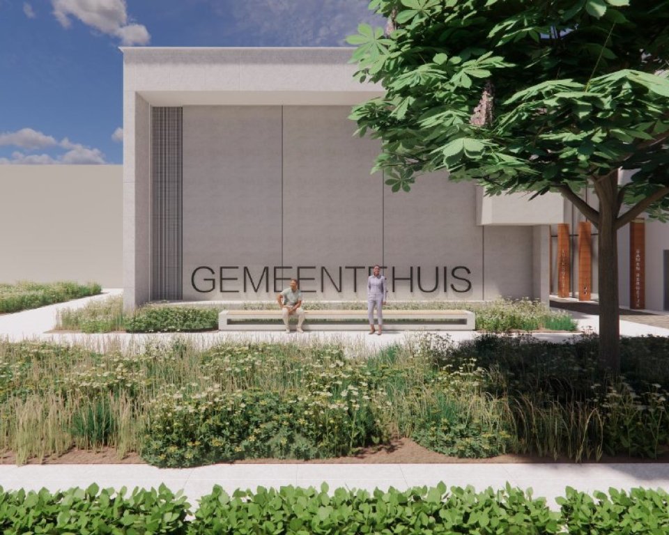 Buitenzijde gemeentehuis met veel groen erbij