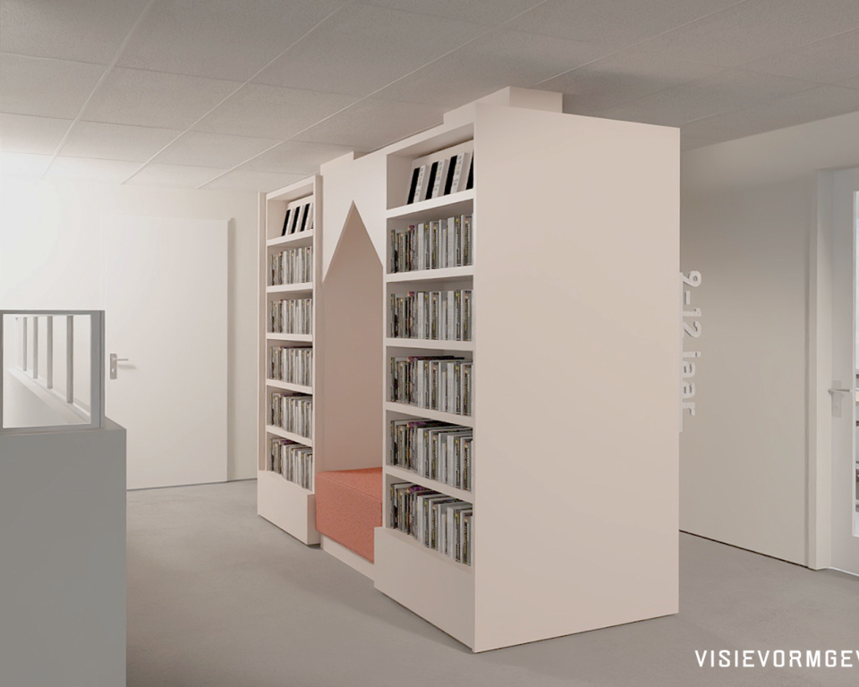 Ontwerp van de nieuwe boekenkasten in de nieuwe bibliotheek