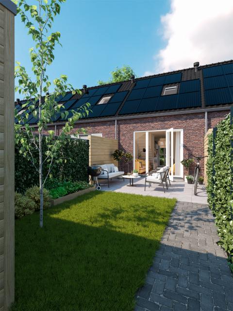 Voorbeeld van de achtergevel en de tuin van een microwoning