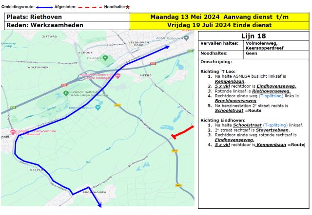 Afbeelding met een plaatje van de route met daarbij tekst en uitleg over de omleiding van lijn 18 Riethoven