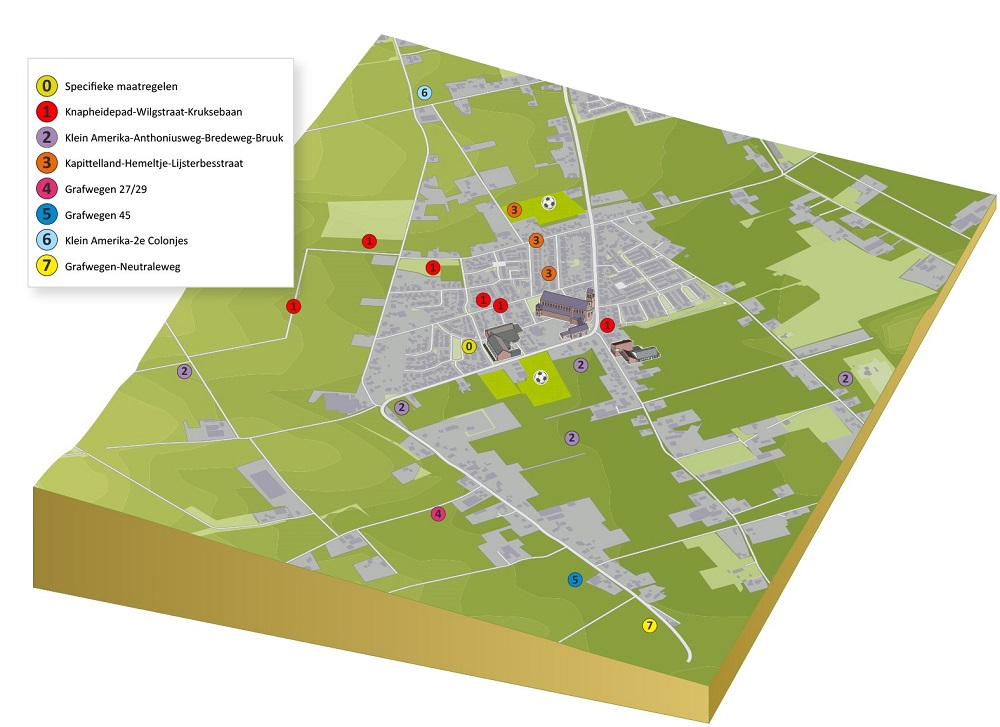 Op een kaart van Breedeweg en omgeving wordt getoond waar wateroverlast is en welks soort maatregelen er opgepakt worden.