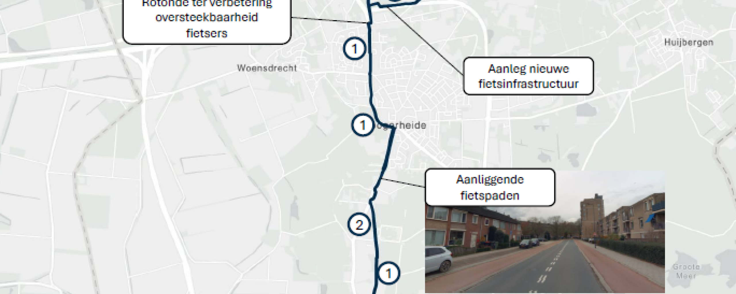 Kaart van de geplande snelfietsroute F289 tussen Bergen op Zoom en de Belgische grens. Op de kaart staan verschillende maatregelen aangegeven, zoals het verbreden van fietspaden, de aanleg van fietstraten, reconstructie van de rijbaan en het plaatsen van eigen verlichting. Ook zijn locaties gemarkeerd voor een nieuwe fietsinfrastructuur, aanliggende fietspaden en een rotonde of tunnel om de oversteekbaarheid voor fietsers te verbeteren. Twee foto’s tonen voorbeelden van een fietstraat en een breed fietspad 
