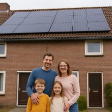 Gezin van vier voor huis met zonnepanelen op het dak. 