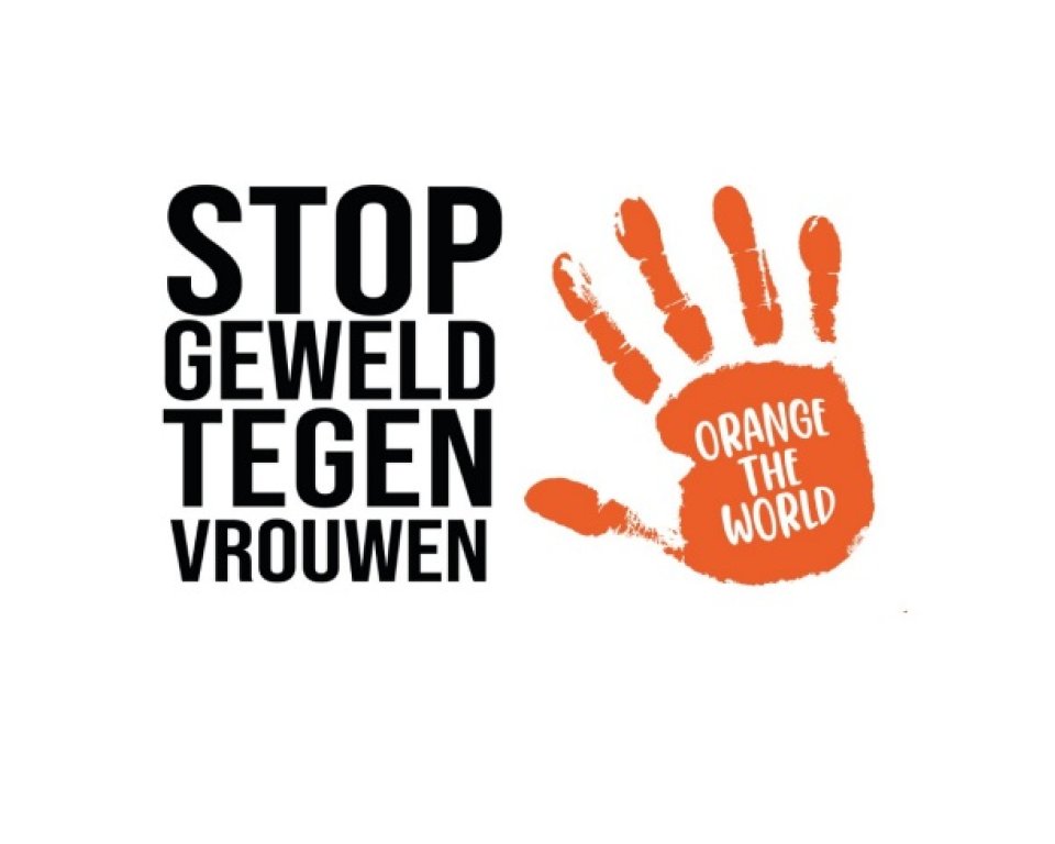 Logo Orange the World rechts, geschreven in een oranje hand van verf gemaakt. Links de tekst 'Stop geweld tegen vrouwen'.