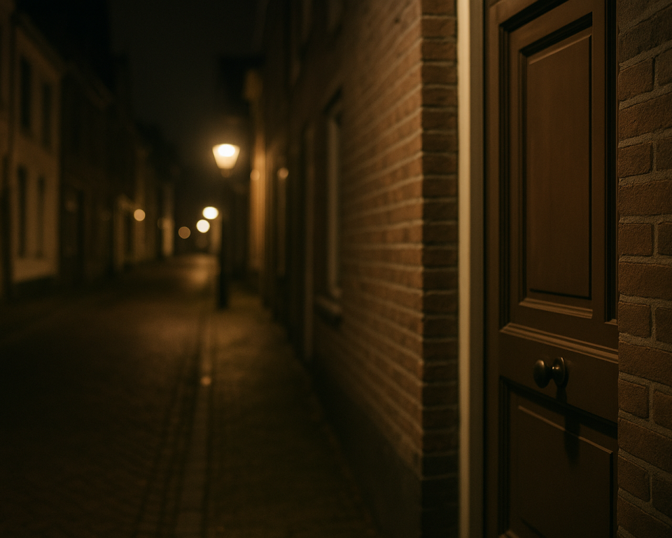 Sfeerbeeld - donkere straat met voordeur rechts