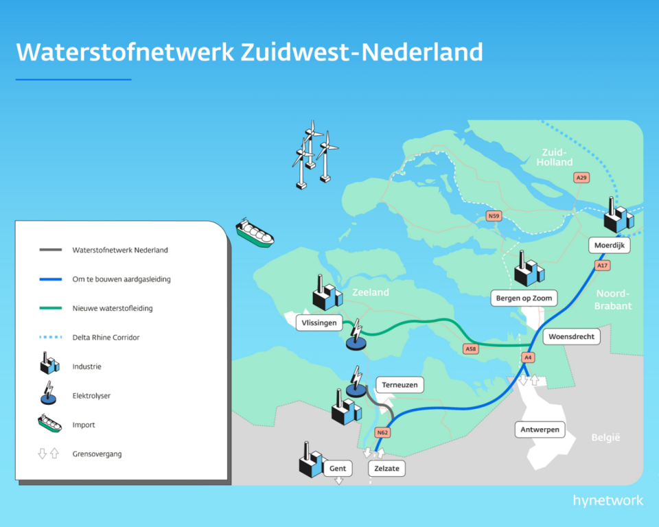 Waterstofnetwerk Zuidwest-Nederland - kaart met legenda
