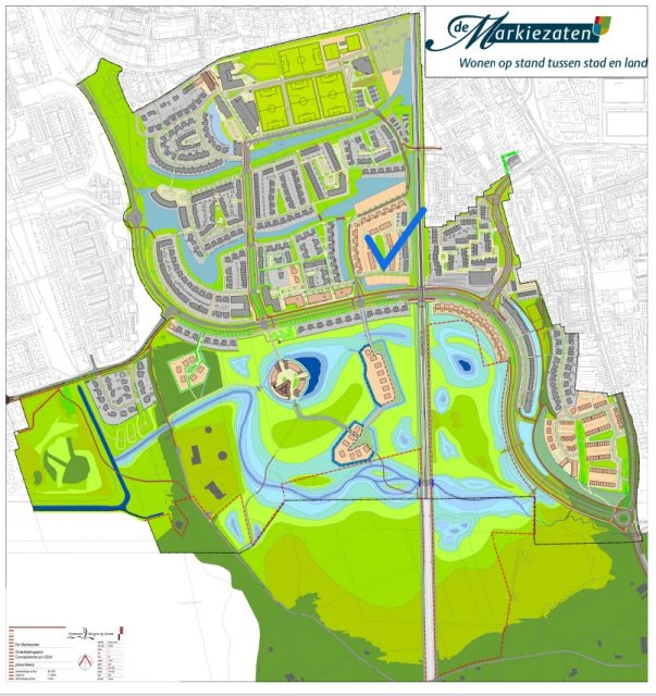 Kaart van wijk De Markiezaten, met blauw vinkje waar de Koekoeksbloem ligt.