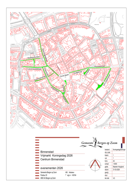 Kaart van het centrum van Bergen op Zoom met het gebied van de vrijmarkt tijdens Koningsdag 2026.