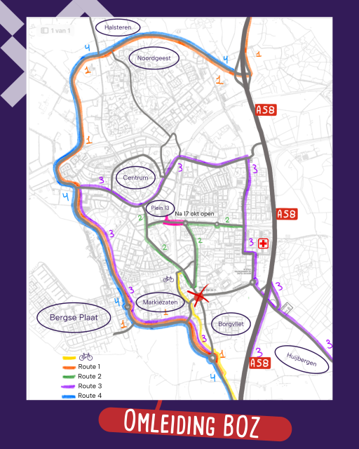 Kaartje met overzicht van omleidingen gedurende afsluiting kruispunt Olympialaan-Antwerpsestraatweg.