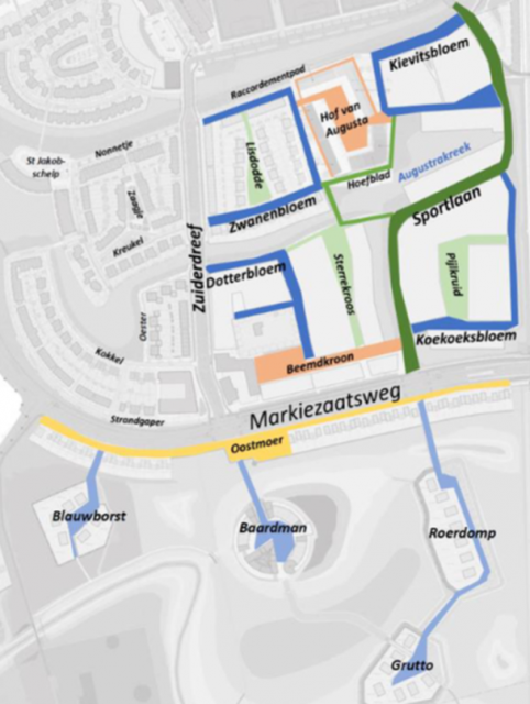 Woningbouwkavels in de deelgebieden De Terpen en De Meander. De kavels Blauwborst, Sportlaan, Koekoeksbloem en Grutto worden weergegeven. 