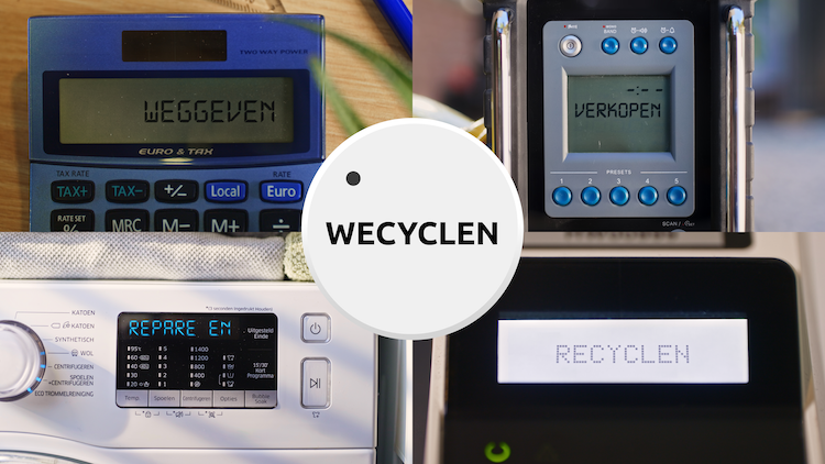 Afbeelding met vier huishoudelijke apparaten. Een rekenmachine met de tekst: weggeven, een wasmachine met de tekst: repare, een meer met het woord: verkopen en een andere meter met de tekst: recyclen.