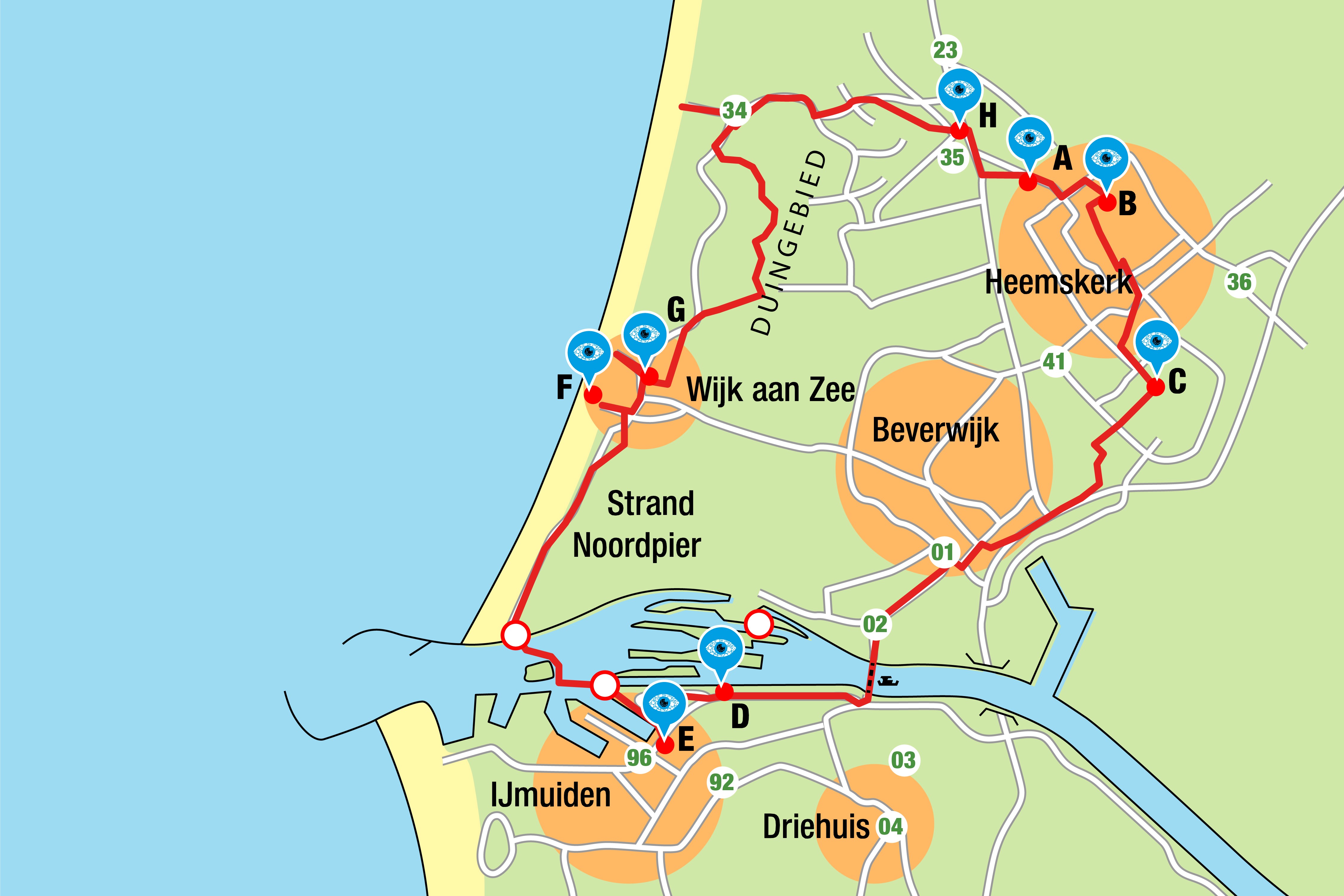 Kaart met de fietsroute langs 8 kunstwerken van afval in de IJmond