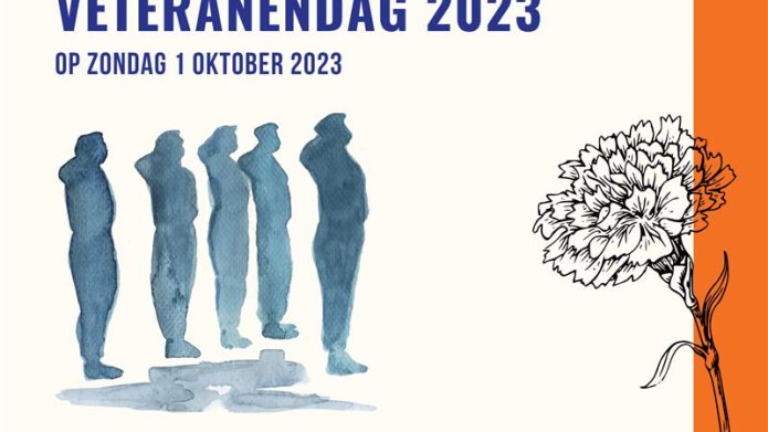 Afbeelding met tekst gemeenten beverwijk & heemskerk organiseren veteranendag 2023 op zondag 1 oktober 2023. Op de afbeelding staat een tekening van militairen en een witte anjer.