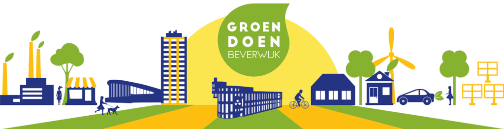 Getekend stadsaanzicht Beverwijk, met veel groen en het Groen Doen-logo