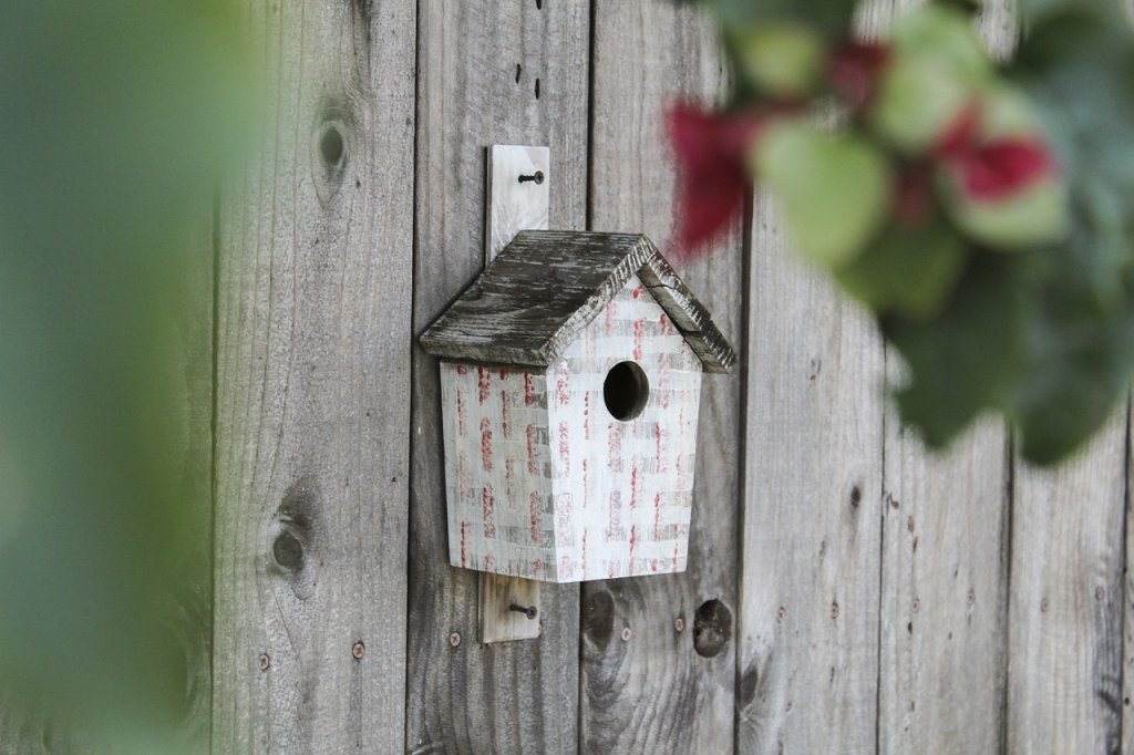 Een vogelhuisje in een tuin