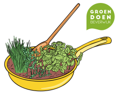 Pan, met daarin aarde en kruidenplantjes en een houten lepel. Rechtsbovenin een groen logo met de tekst "groen doen beverwijk"
