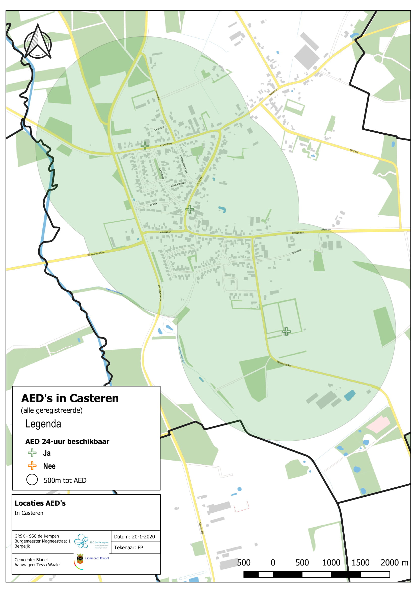 De geregistreerde AED's in Casteren. De AED's zijn 24/7 beschikbaar.