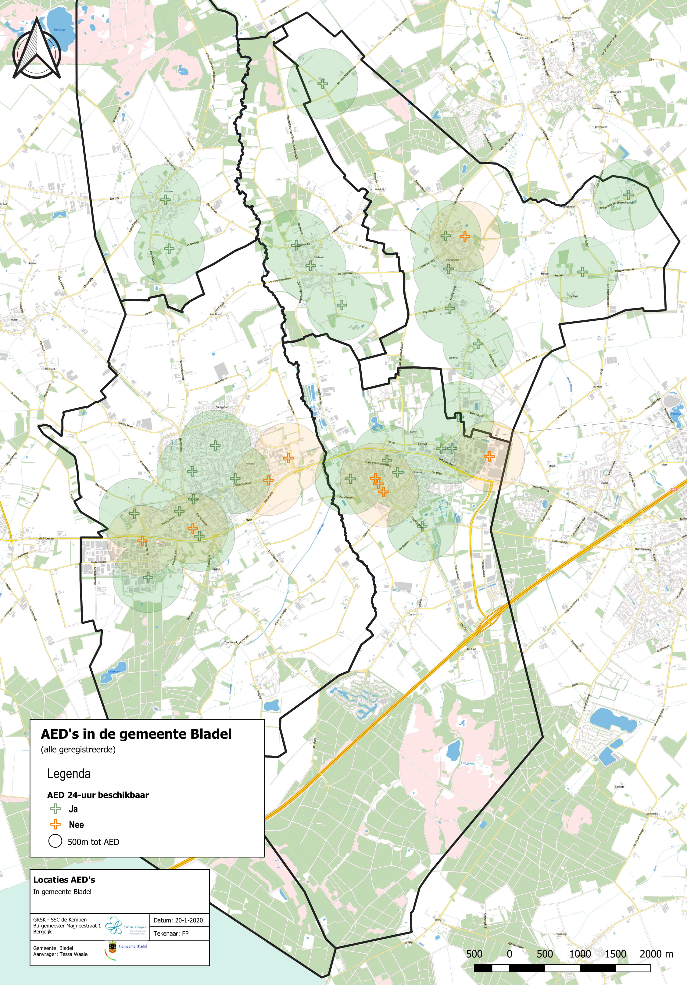 De geregistreerde AED's in de gemeente Bladel. 26 AED's zijn 24/7 beschikbaar. 9 Aed's zijn beschikbaar tijdens specifieke tijden.