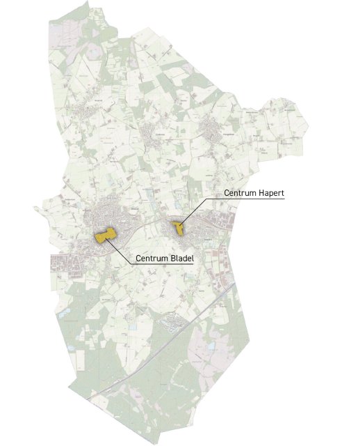 Kaart van de gemeente Bladel met aanduiding in het geel van de centrumgebieden Bladel en Hapert.