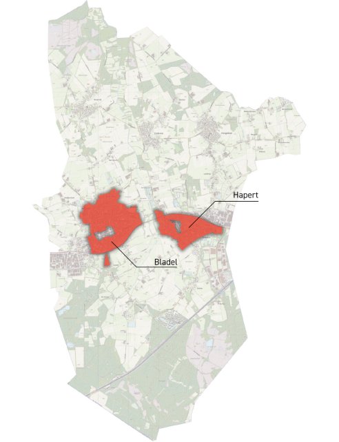 De kaart toont de gemeente Bladel, met twee grote kernen, Bladel en Hapert, die duidelijk in het rood zijn gemarkeerd. De rest van de kaart toont de omliggende landelijke gebieden en de overige kernen Casteren, Hoogeloon en Netersel. De kaart biedt een visuele representatie van de geografie van deze regio, met nadruk op de grote kernen Bladel en Hapert.