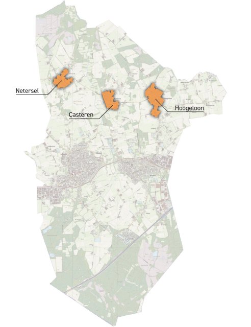 De kaart toont de gemeente Bladel, met de kleinere kernen Netersel, Casteren en Hoogeloon in het oranje gemarkeerd. De rest van het gebied bestaat uit landelijke gebieden en de grote kernen Bladel en Hapert, weergegeven in grijs-groene tinten. De kaart biedt een visuele representatie van de geografie van deze re-gio, met de nadruk op de kleinere kernen die zich binnen het gebied bevinden.