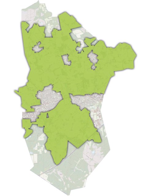 De kaart toont de gemeente Bladel waarin de buitengebieden in het groen zijn gemarkeerd. De buitengebie-den omgeven de dorpskernen, die in de kaart zichtbaar zijn. Het omliggende gebied is weergegeven in grijs, waardoor de focus ligt op de groene buitengebieden. De kaart biedt een visuele weergave van de geogra-fie, met nadruk op de scheiding tussen de buitengebieden en dorpskernen binnen dit gebied. De groene markeringen geven duidelijk de grens van de buitengebieden aan.