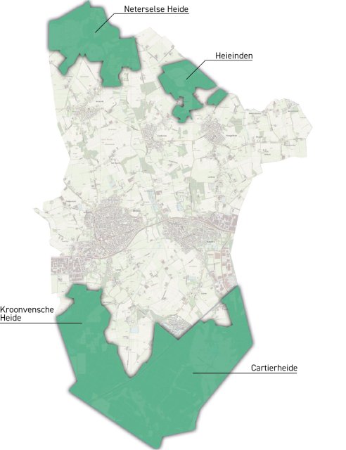 De kaart toont de gemeente Bladel met natuurgebieden die in het donkergroen zijn gemarkeerd. De speci-fieke natuurgebieden worden aangeduid met de labels: Neterselse Heide, Heieinden, Kroonvensche Heide en Cartierheide. Deze natuurgebieden zijn verspreid over het gebied, met duidelijke grenzen die in het groen zijn aangegeven. De omliggende gebieden, zoals de dorpskernen, zijn zichtbaar in grijs. De kaart biedt een visuele representatie van de natuurgebieden in deze regio, met nadruk op hun ligging ten opzi