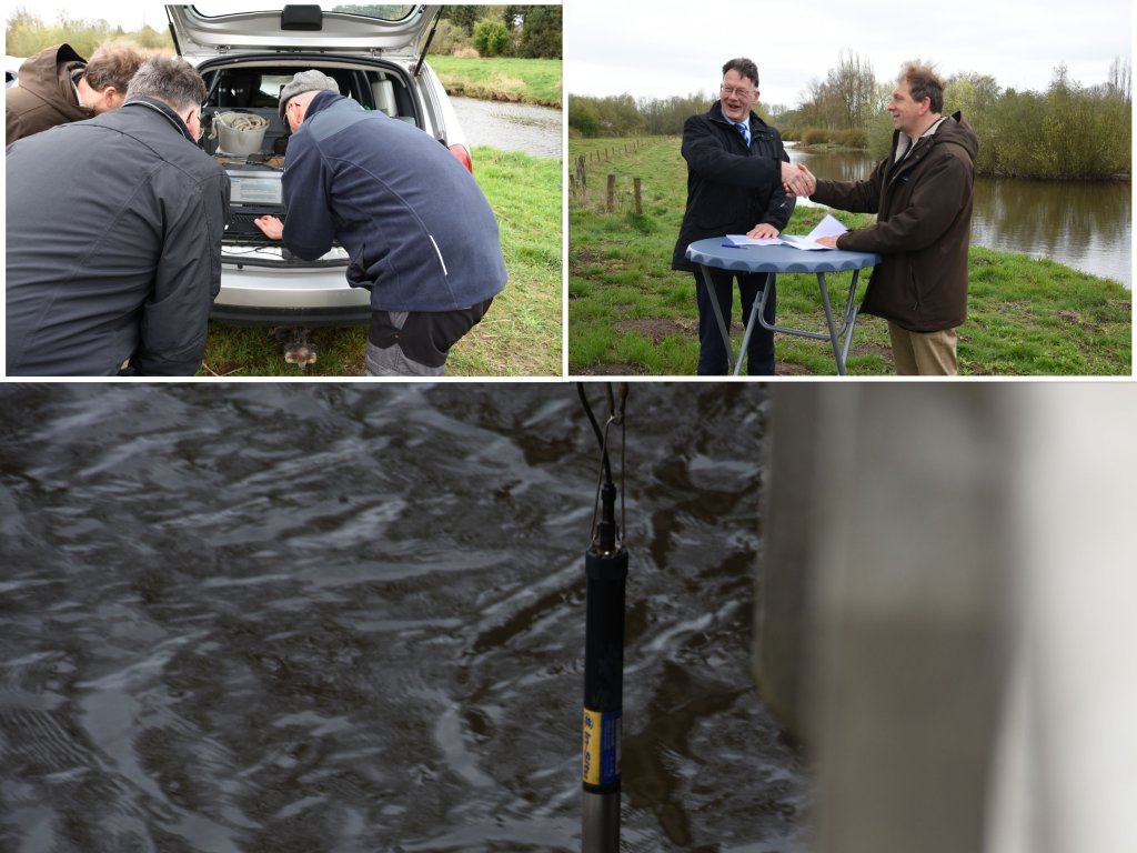 Samen Slim Meten. Rechtsboven ondertekenen bestuurslid Kees de Jong van het waterschap (links) en Marc Florus, diensthoofd bij de VMM, de overeenkomst voor Samen Slim Meten