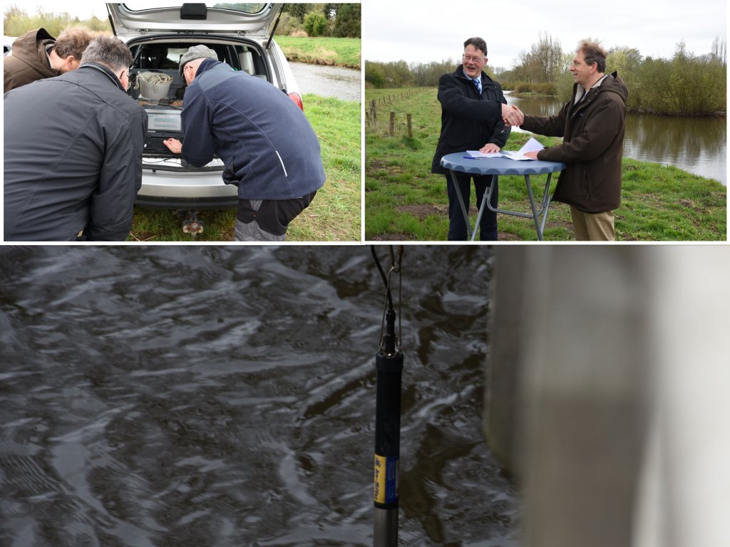 Samen Slim Meten. Rechtsboven ondertekenen bestuurslid Kees de Jong van het waterschap (links) en Marc Florus, diensthoofd bij de VMM, de overeenkomst voor Samen Slim Meten 