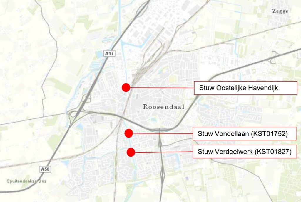 Locatie van de stuwen Molenbeek Roosendaal 