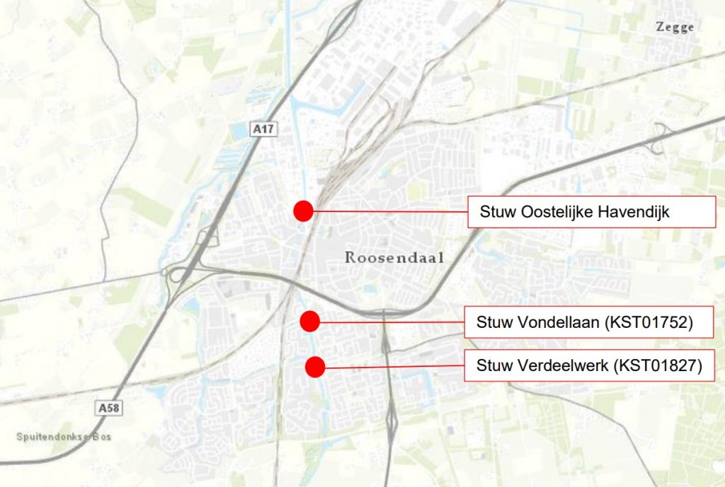 Locatie van de stuwen Molenbeek Roosendaal