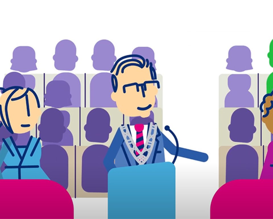 Illustratie van burgemeester van Domburg in een raadsvergadering