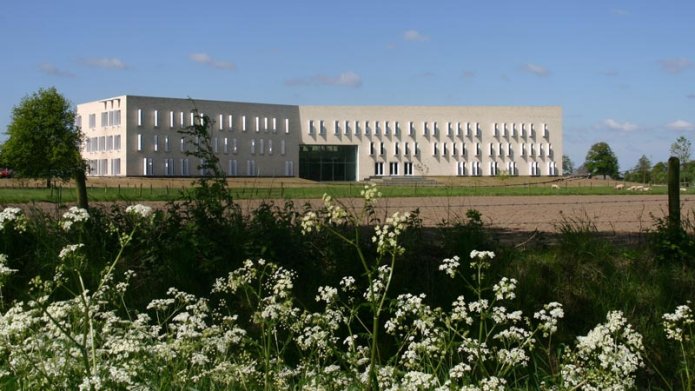 Foto van het gemeentehuis met witte bloemen op de voorgrond