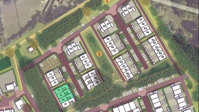 Bovenaanzicht/plattegrond van het project met groen gemarkeerd de 3 beschikbare kavels