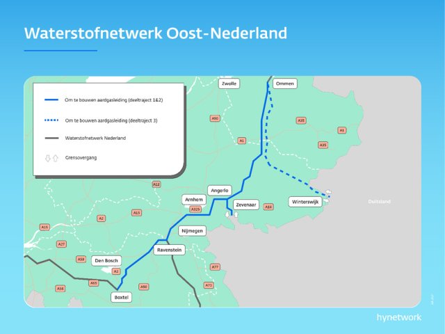 Kaartje van Oost-Nederland met daarop om te bouwen aardgasleidingen en het huidige waterstofnetwerk