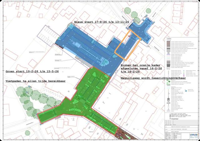 Kaart van Magnoliaweg tot kruising Hengeloseweg met groen en blauw gemarkeerde fases van werkzaamheden.
