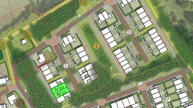 Bovenaanzicht Zelhem Het Loo met in groen gemarkeerd 2 beschikbare kavels