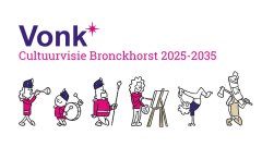 Tekst: Vonk - Cultuurvisie Bronckhorst 2025-2035. Daaronder een rijtje poppetjes die o.a. muziek maken, schilderen en dansen.
