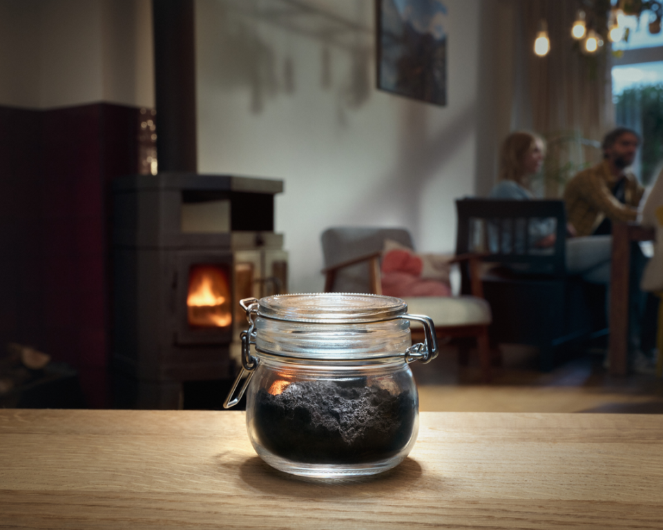 Gemiddeld komt er bij een avondje stoken 28 gram fijnstof vrij uit de schoorsteen. Het weckpotje laat de gemiddelde hoeveelheid fijnstof zien die vrijkomt uit de schoorsteen tijdens één avondje stoken.