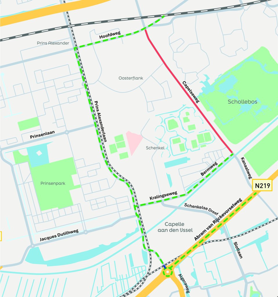 Kaartje met afsluiting Capelseweg en omleiding via Prins Alexanderlaan.