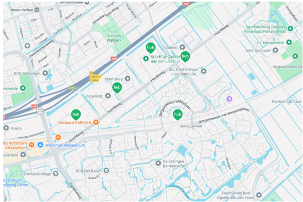 Kaart met deelfietshubs in het Hoofdweggebied in Capelle, Straatnamen staan in de tekst.