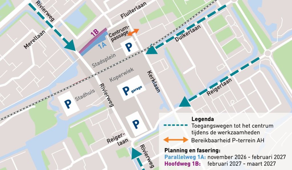 Kaartje met omleidingsroutes werkzaamheden Fluiterlaan.