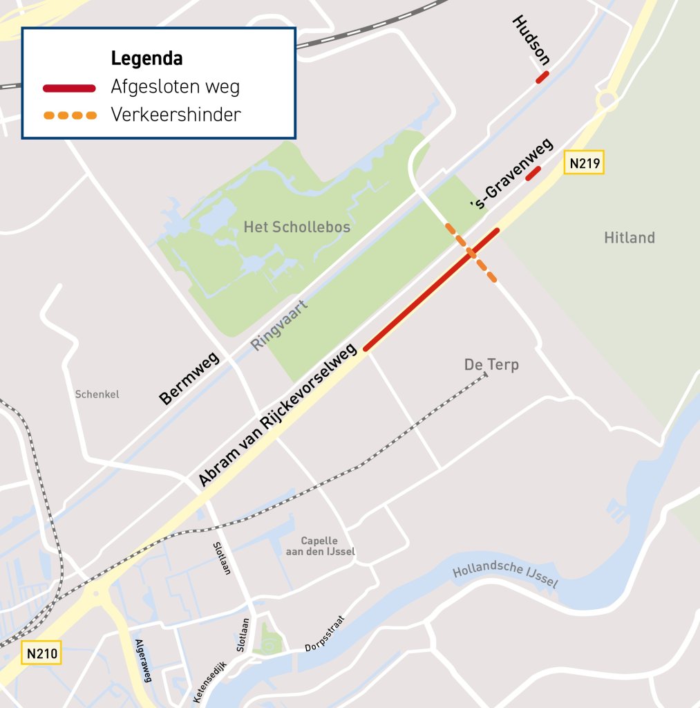 Kaart met afsluiting Abram van Rijckevorselweg.