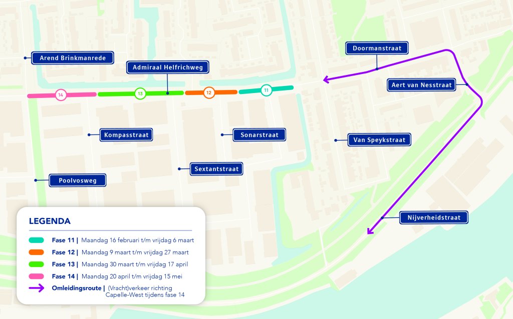 Afbeelding met overzicht werkzaamheden Admiraal Helfrichweg.