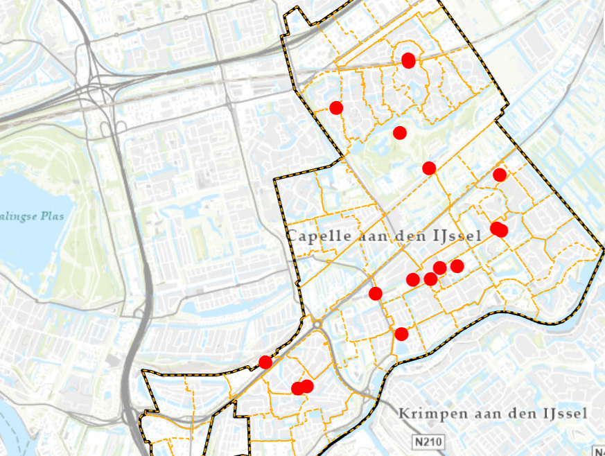 Een kaart met de statiegeldbakken waar je op kunt klikken om naar de stadsatlas te gaan