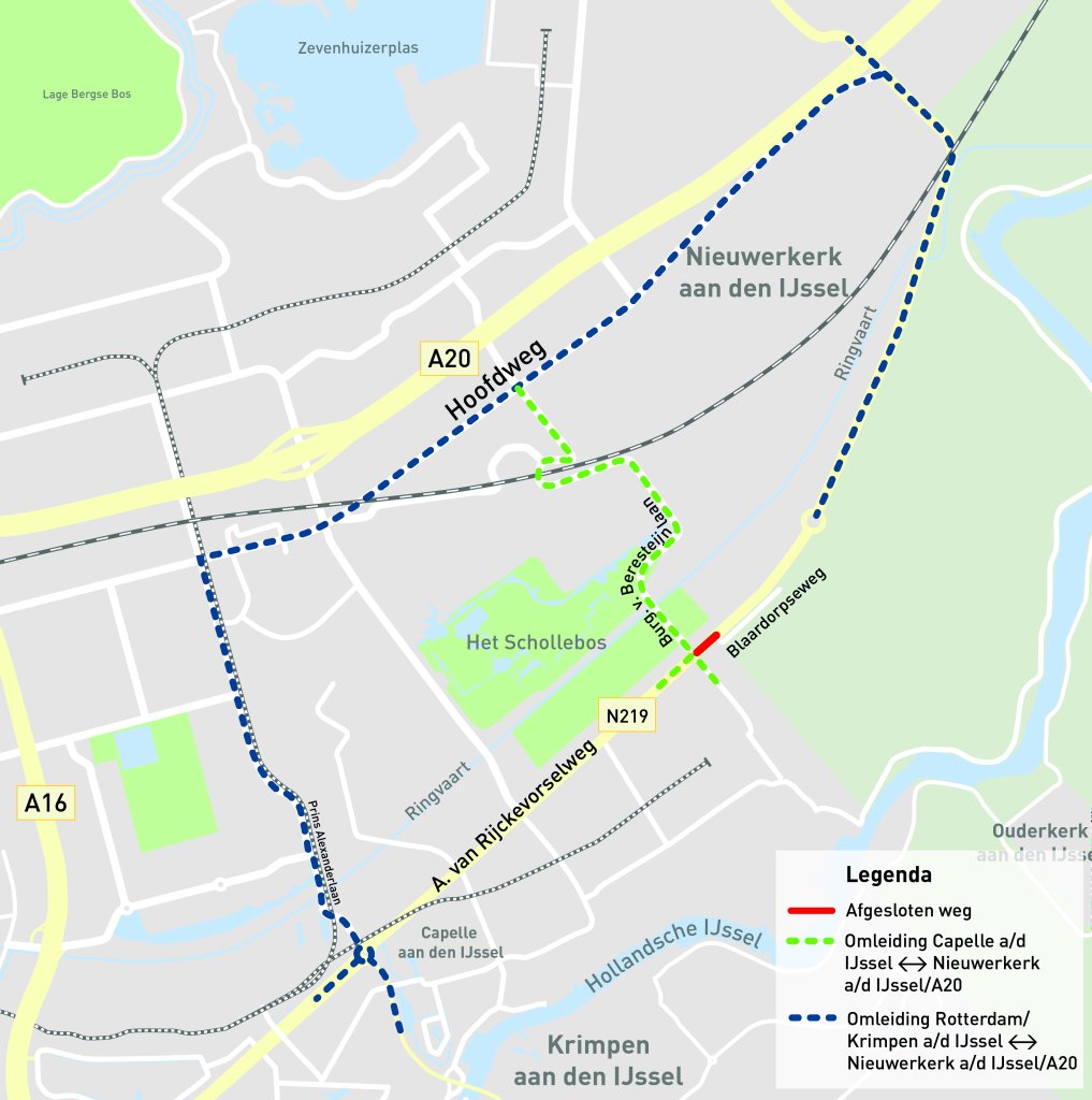 kaartje van omleidingsroutes en werkzaamheden op de AvR 22-23 september