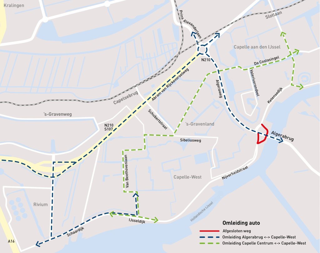 Omleidingsroute auto werkzaamheden fietspad Algerabrug - Capelsebrug.