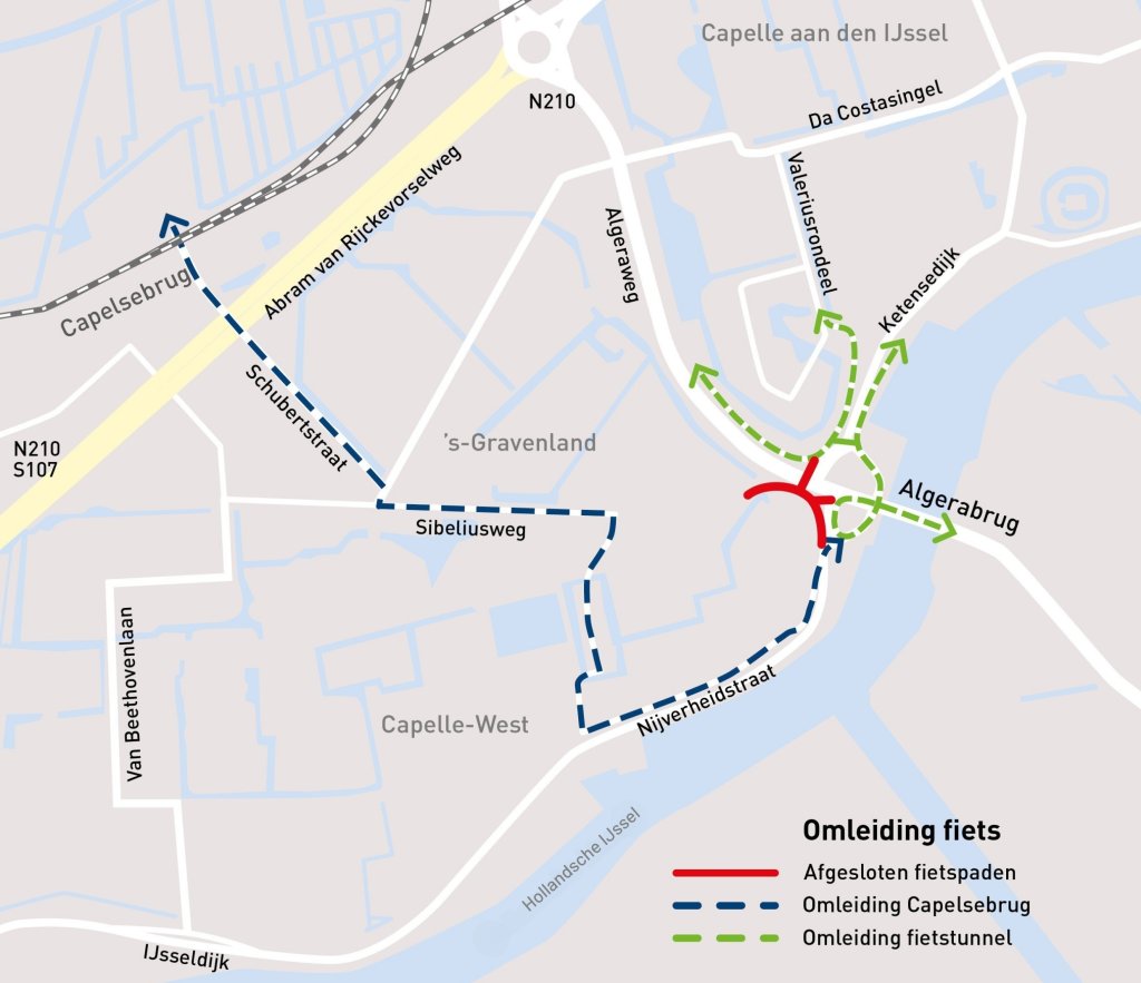 Omleidingsroute fiets tijdens werkzaamheden fietspad Algerabrug - Capelsebrug.
