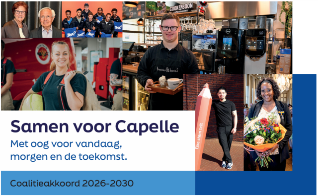 Op de voorkant van het coalitieakkoord staan verschillende Capellenaren en de titel en ondertitel van het akkoord: Samen voor Capelle, met oog voor vandaag, morgen en de toekomst.